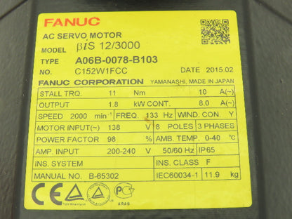 Fanuc A06B-0078-B103 AC Servo Motor 1.8kw 138V 2000rpm Encoder A860-2020-T301
