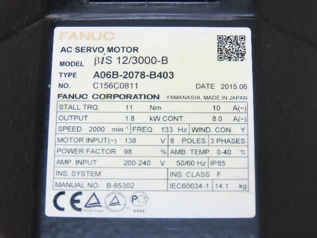 Fanuc A06B-2078-B403 AC Servo Motor 1.8kw 138V 2000rpm Encoder A860-2070-T321