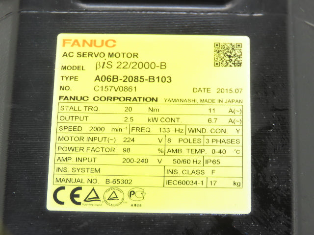 Fanuc A06B-2085-B103 AC Servo Motor 2.5kw 224V 2000rpm Encoder A860-2070-T321