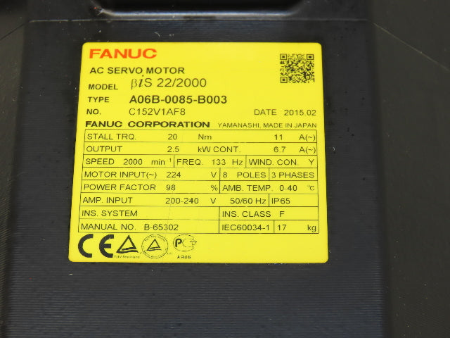 Fanuc A06B-0085-B003 AC Servo Motor 2.5kw 224V 2000rpm Encoder A860-2020-T301