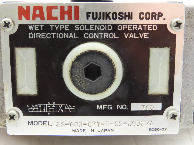 Nachi SS-G03-C7Y-R-C2-J9322A Hydraulic Directional Control Solenoid Valve 200VAC