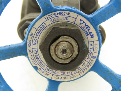 Velan A105N Gate Valve 3/4 Socket Weld Model A Class 800 Steel Rising Stem