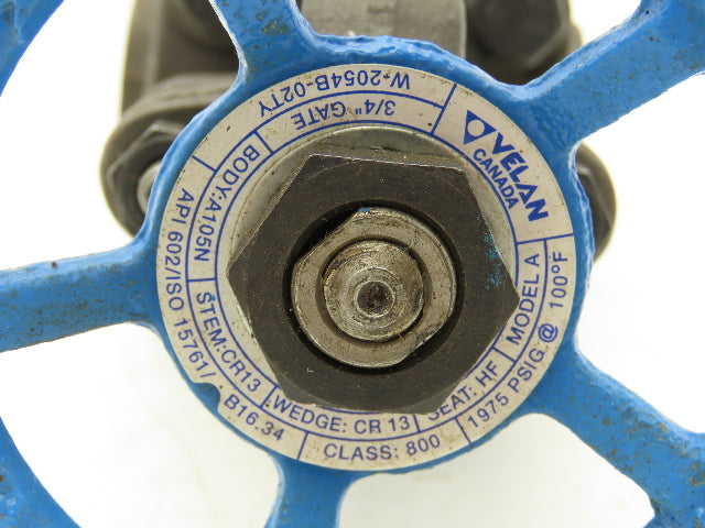 Velan A105N Gate Valve 3/4 Socket Weld Model A Class 800 Steel Rising Stem