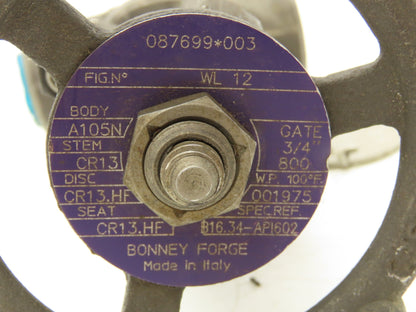 Bonney Forge Fig WL 12 Gate Valve 3/4" NPT x Socket Weld 800lb Forged Steel