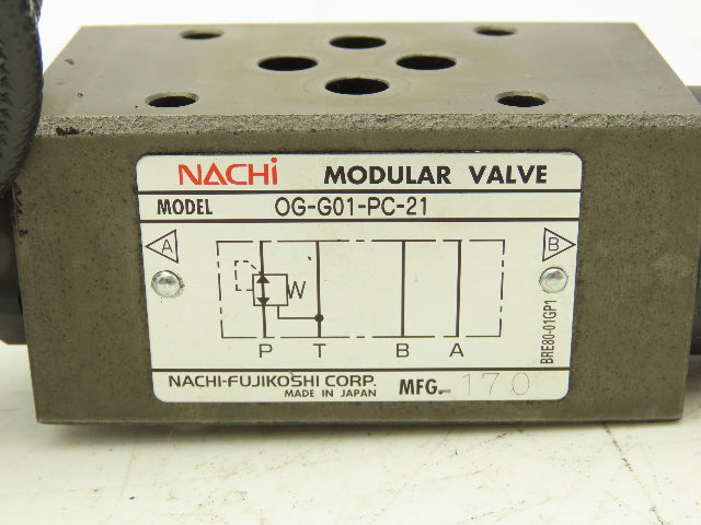 Nachi OG-G01-PC-21 Hydraulic Modular Valve 200VAC with 26" Remote Gauge Hose