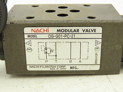 Nachi OG-G01-PC-21 Hydraulic Modular Valve 200VAC with 26" Remote Gauge Hose