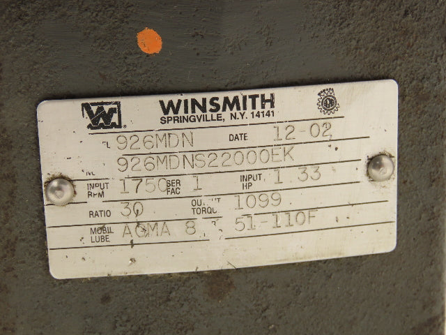 Winsmith 926MDN Worm Gearbox 30:1 Reducer 1.33Hp 58rpm 143/145TC Dual Shaft