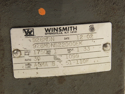 Winsmith 926MDN Worm Gearbox 30:1 Reducer 1.33Hp 58rpm 143/145TC Dual Shaft