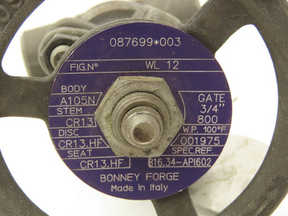 Bonney Forge Fig WL 12 Gate Valve 3/4" Socket Weld 800lb Forged Steel