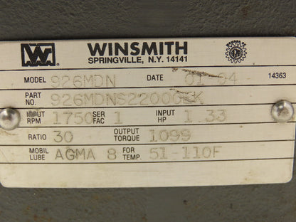 Winsmith 926MDN Worm Gearbox 30:1 Reducer 1.33Hp 58rpm 143/145TC Dual Shaft