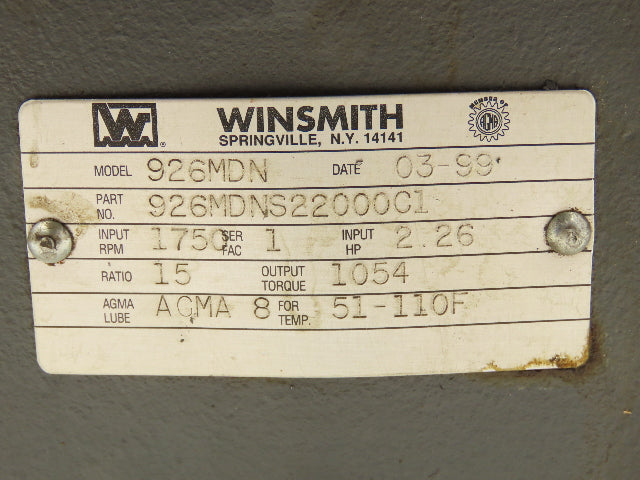 Winsmith 926MDN Worm Gearbox 15:1 Reducer 2.26Hp 116rpm 143/145TC Dual Shaft