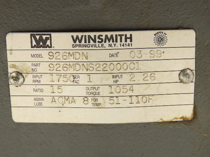 Winsmith 926MDN Worm Gearbox 15:1 Reducer 2.26Hp 116rpm 143/145TC Dual Shaft