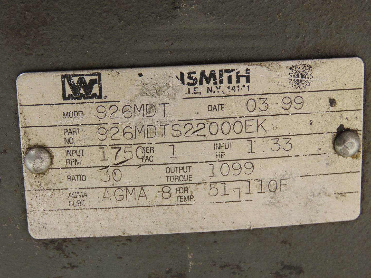 Winsmith 926MDT Worm Gearbox 30:1 Reducer 1.33Hp 58rpm 143/145TC Dual Shaft