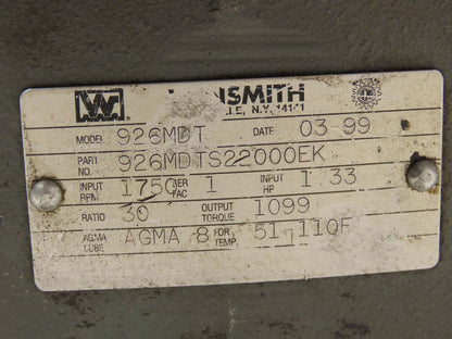 Winsmith 926MDT Worm Gearbox 30:1 Reducer 1.33Hp 58rpm 143/145TC Dual Shaft