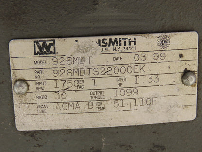 Winsmith 926MDT Worm Gearbox 30:1 Reducer 1.33Hp 58rpm 143/145TC Dual Shaft