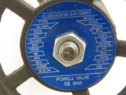 Powell GL08SA58GB Gate Valve 1975PSI 3/4"  Socket Weld Steel Rising Stem #800