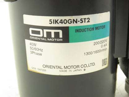 Oriental Motor 5GN60K 5IK40GN-ST2 Inline Gearmotor 60:1 40W 26.6rpm 220V 3PH