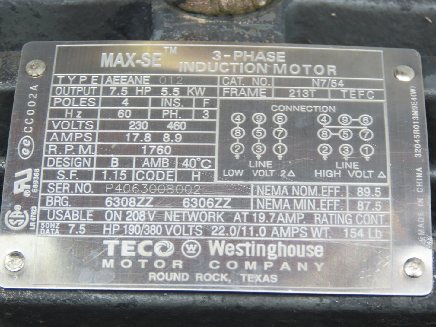 Teco-Westinghouse AEEANE MAX-SE AC Motor 7.5Hp 1760rpm 230/460V 3PH 213T  TEFC