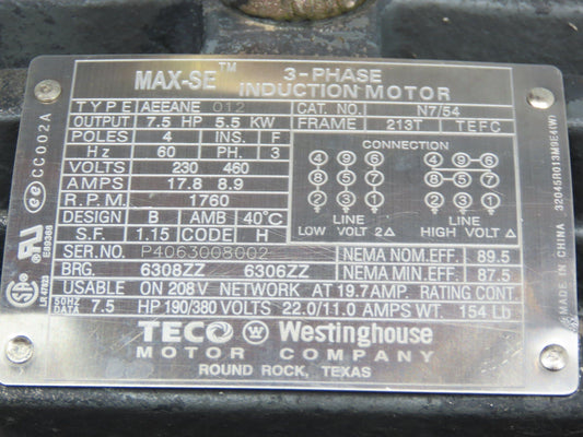 Teco-Westinghouse AEEANE MAX-SE AC Motor 7.5Hp 1760rpm 230/460V 3PH 213T  TEFC