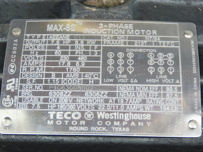 Teco-Westinghouse AEEANE MAX-SE AC Motor 7.5Hp 1760rpm 230/460V 3PH 213T  TEFC