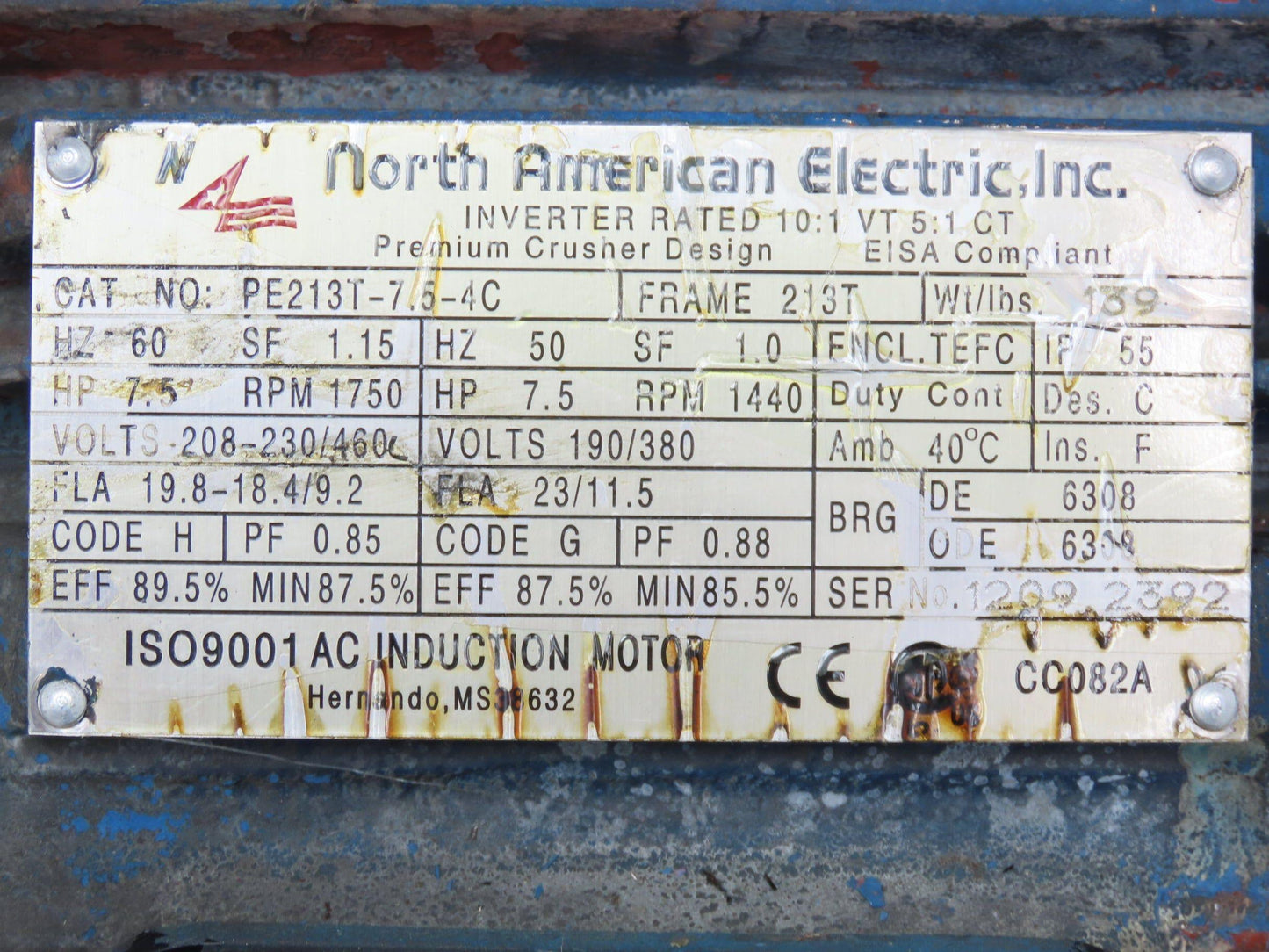 North American Electric AC Motor 7.5Hp 1750rpm 230/460V 3PH 213T TEFC