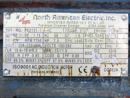 North American Electric AC Motor 7.5Hp 1750rpm 230/460V 3PH 213T TEFC