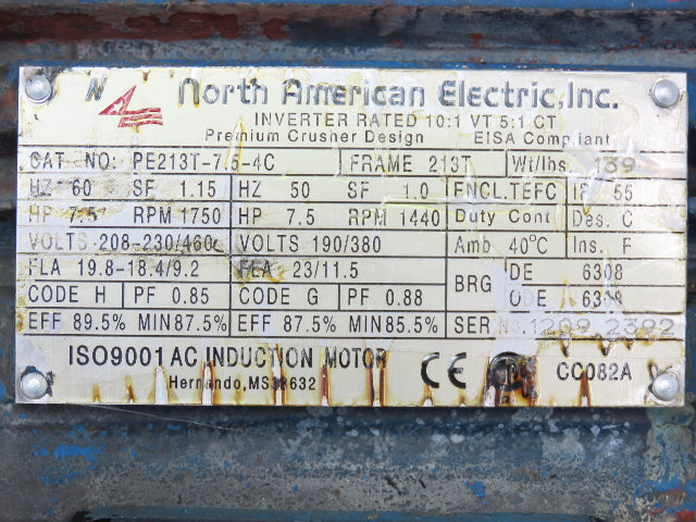 North American Electric AC Motor 7.5Hp 1750rpm 230/460V 3PH 213T TEFC