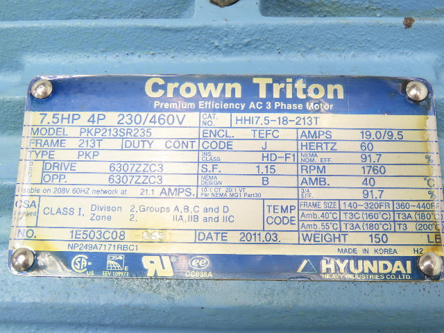 Crown Triton HHI7.5-18-213T AC Motor 7.5Hp 1760rpm 230/460V 3PH 213T PKP213SR235