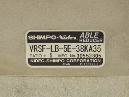 Nidec Shimpo VRSF-LB-5E-38KA35 ABLE Inline Gearbox 5:1 Reducer Planetary Gear