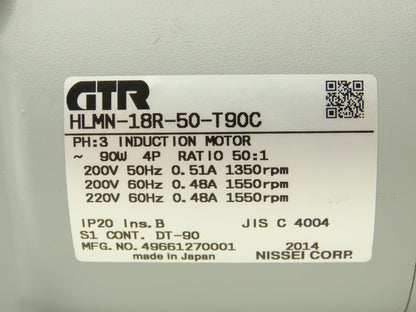 Nissei HLMN-18R-50-T90C GTR Inline Gearmotor 50:1 Ratio 90W 31rpm 220V 3PH