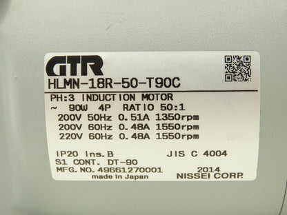 Nissei HLMN-18R-50-T90C GTR Inline Gearmotor 50:1 Ratio 90W 31rpm 220V 3PH