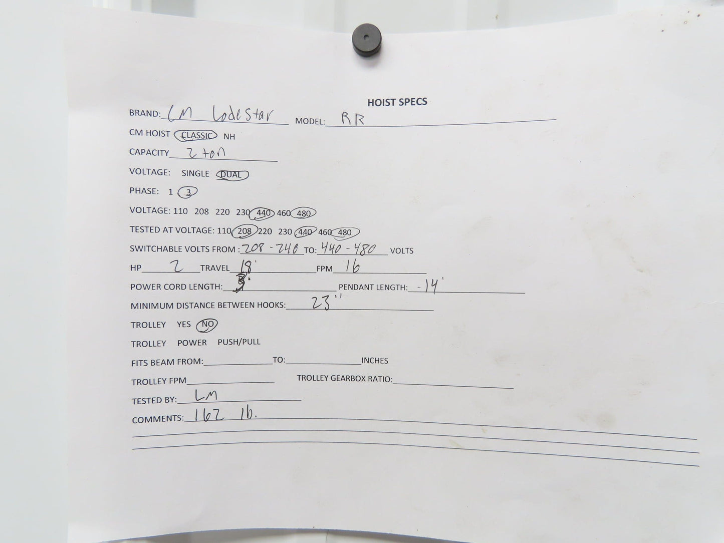 CM Lodestar RR 2 Ton Electric Chain Hoist 16 FPM 18' Lift 14' Pendant 230/460