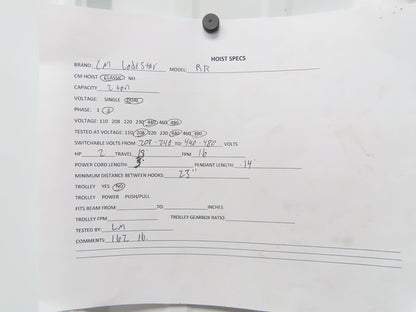 CM Lodestar RR 2 Ton Electric Chain Hoist 16 FPM 18' Lift 14' Pendant 230/460