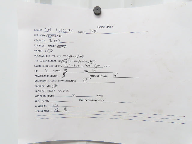 CM Lodestar RR 2 Ton Electric Chain Hoist 16 FPM 18' Lift 14' Pendant 230/460