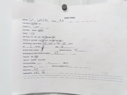 CM Lodestar RR 2 Ton Electric Chain Hoist 16 FPM 18' Lift 14' Pendant 230/460