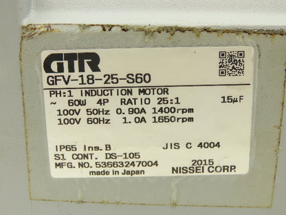 Nissei GFV-18-25-S60 GTR Inline Gearmotor 25:1 Ratio 60W 66rpm 100VAC 1PH