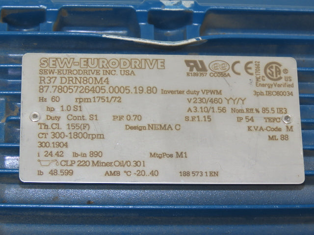 Sew Eurodrive R37 DRN80M4 Inline Gearmotor 1Hp 230/460V 3PH 24.42 Ratio 72rpm