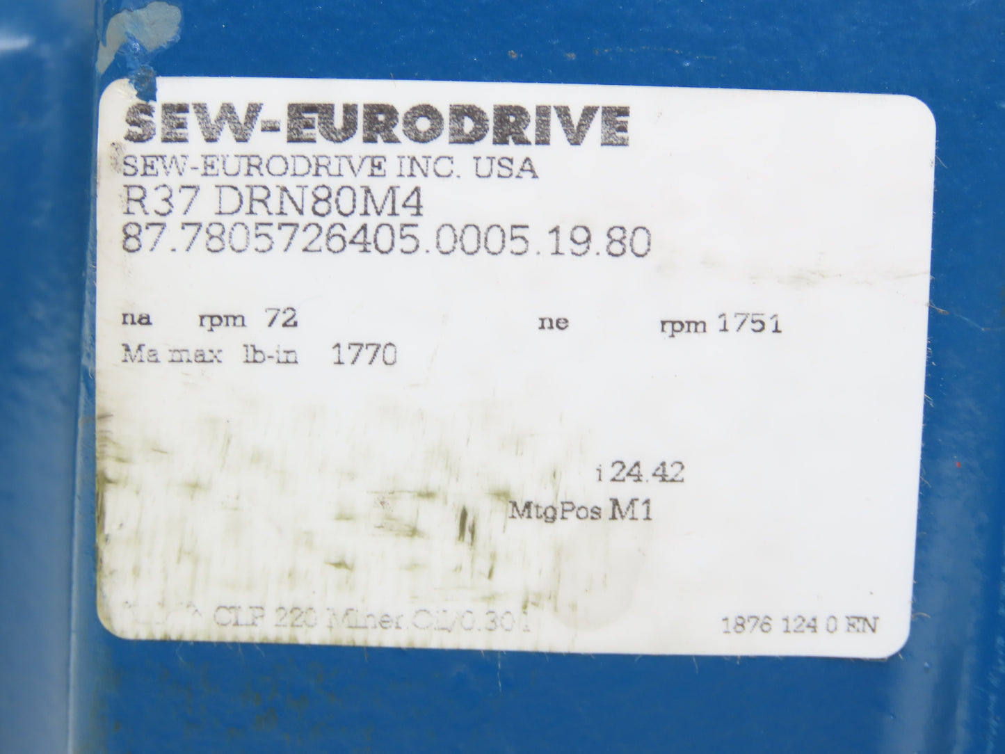 Sew Eurodrive R37 DRN80M4 Inline Gearmotor 1Hp 230/460V 3PH 24.42 Ratio 72rpm