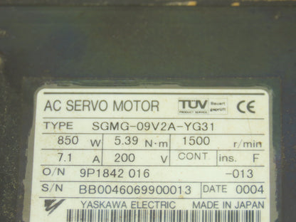 Yaskawa SGMG-09V2A-YG31 AC Servo Motor 850W 5.39Nm 1500 RPM 200V with Encoder