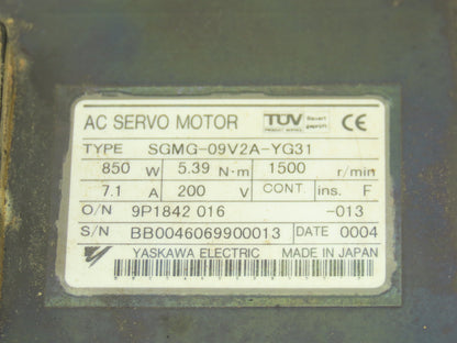 Yaskawa SGMG-09V2A-YG31 AC Servo Motor 850W 5.39Nm 1500 RPM 200V with Encoder