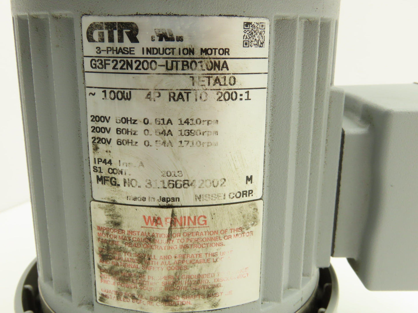 Nissei G3F22N200-UTB010NA GTR Inline Gearmotor 200:1 100W 8.5rpm 220VAC 3PH