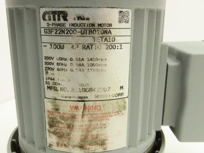 Nissei G3F22N200-UTB010NA GTR Inline Gearmotor 200:1 100W 8.5rpm 220VAC 3PH