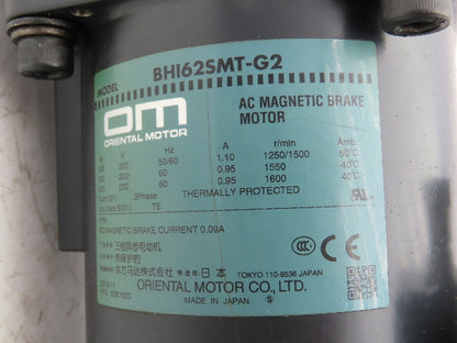 Oriental Motor BH6G2-180RH Brake Gearmotor 180:1 Ratio 200W 8rpm 230VAC 3Ph RH