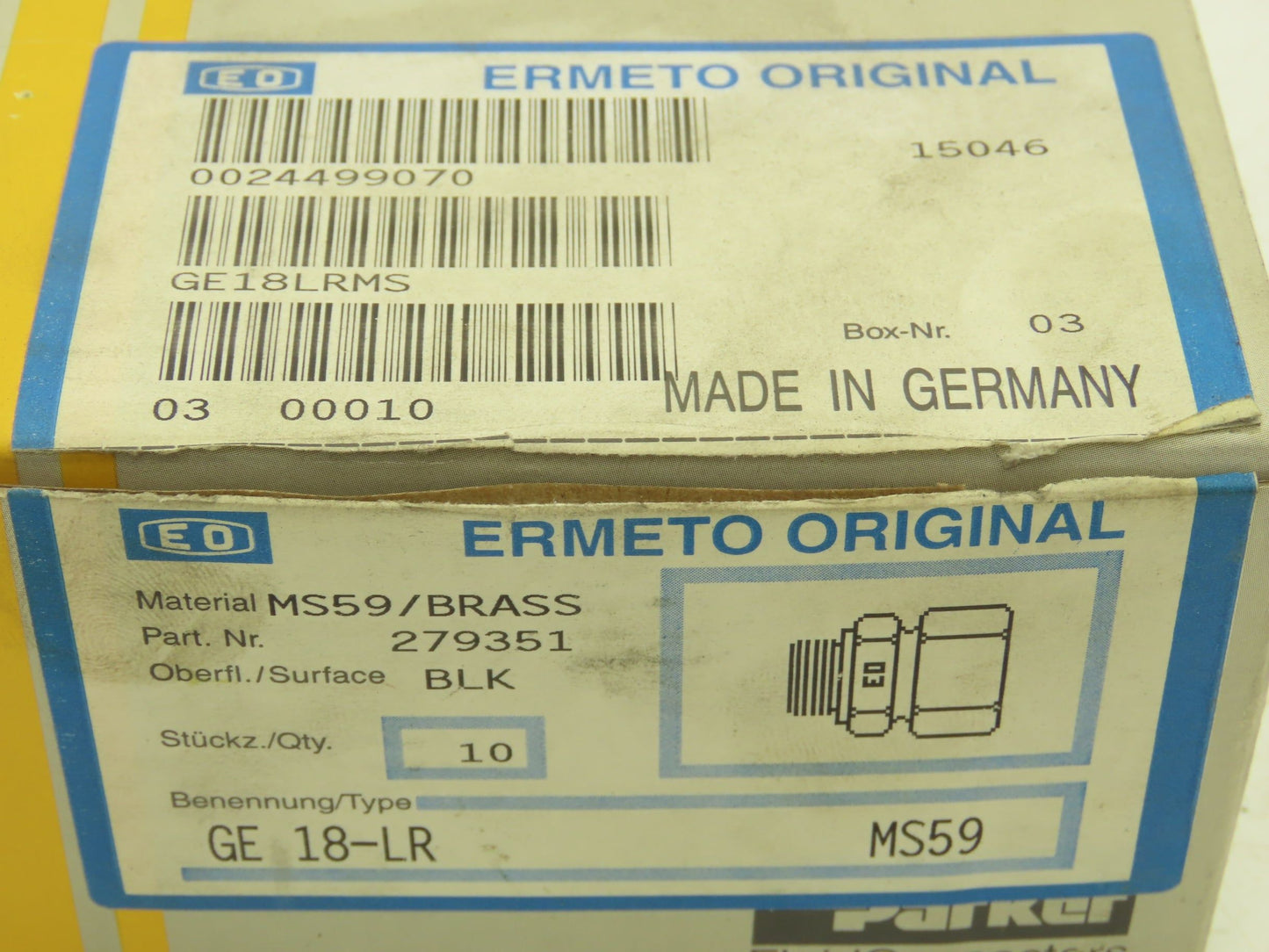 Parker GE18LRMS Male Stud Connector 18mm Tube x 1/2" BSPP Lot of 10