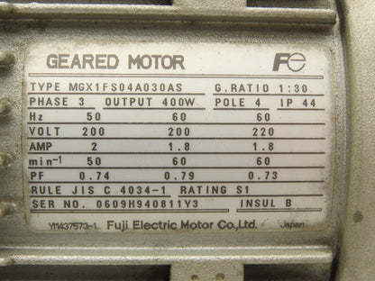 Fuji Electric MGX1FS04A030AS Inline Gearmotor 30:1 Ratio 400W 60rpm 220V 3PH