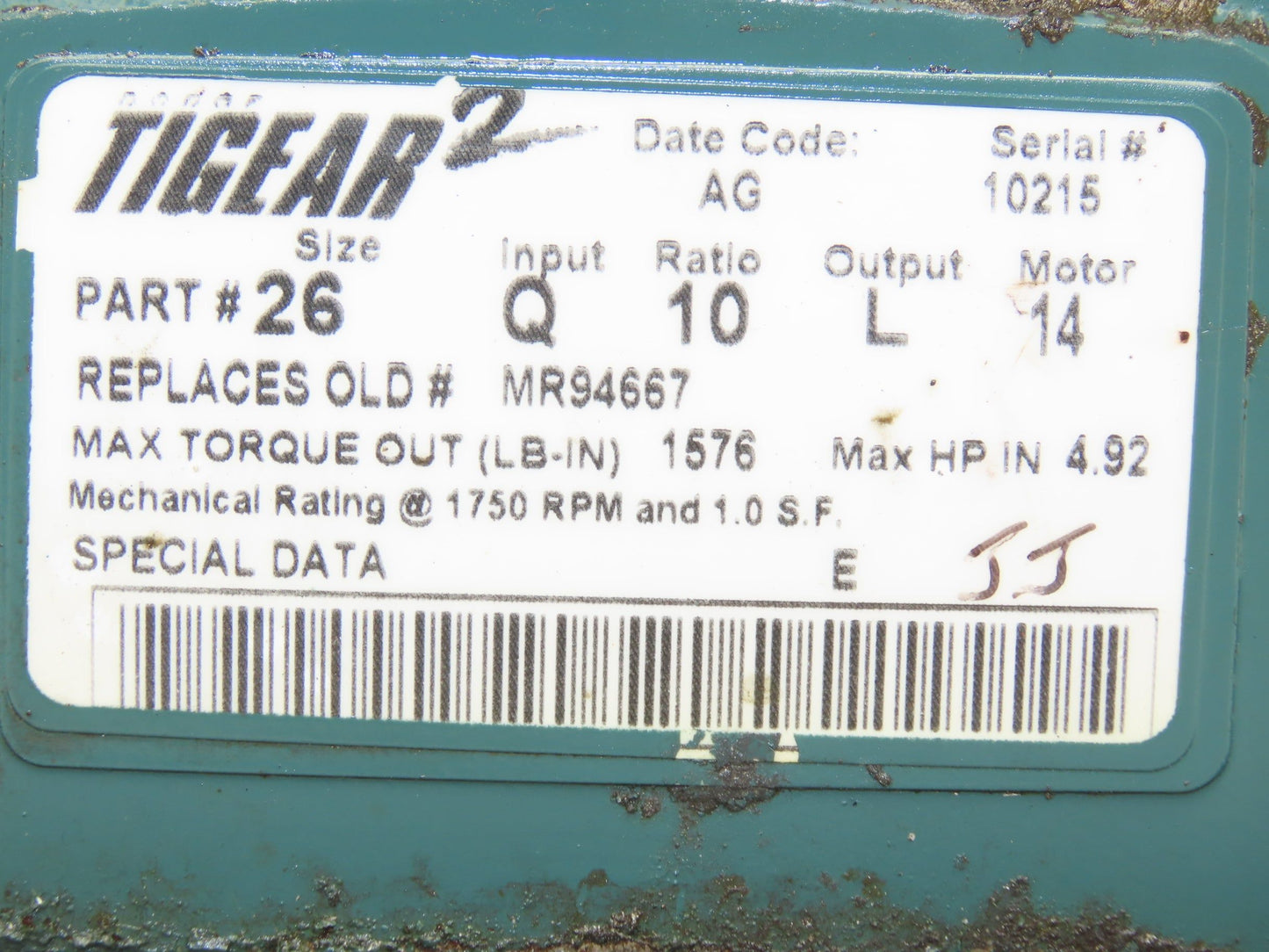 Dodge 26Q10L14 Worm Gearbox Tigear 10:1 Reducer 4.92Hp 175rpm 143TC LH Output