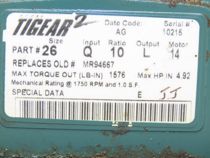 Dodge 26Q10L14 Worm Gearbox Tigear 10:1 Reducer 4.92Hp 175rpm 143TC LH Output