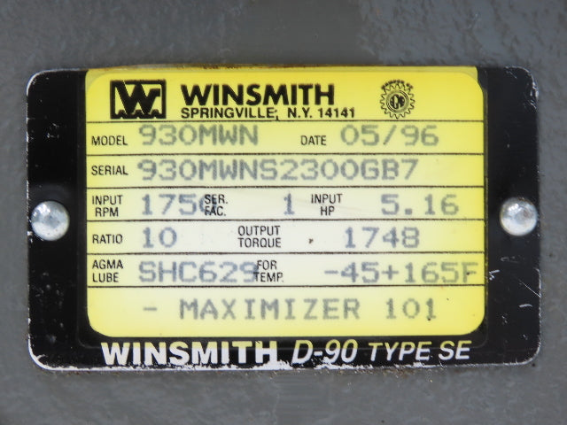 Winsmith 930MWN Worm Gearbox 10:1 Reducer 5.16Hp 175rpm 182TC Dual Output