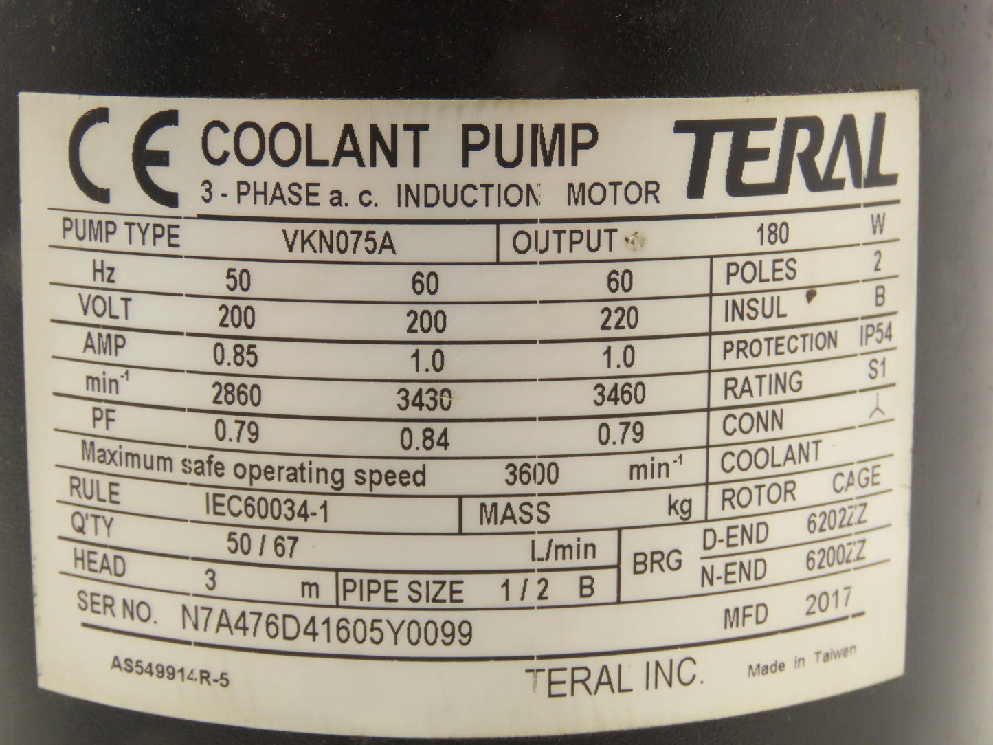 Teral VKN075A Coolant Pump 67 L/min 180W 3460rpm 220V 3PH 1/2"NPT Floor Mount