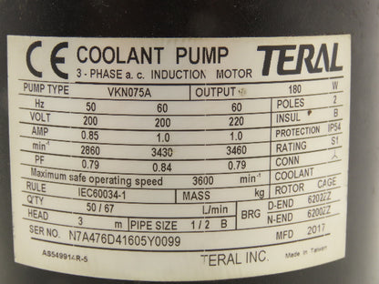 Teral VKN075A Coolant Pump 67 L/min 180W 3460rpm 220V 3PH 1/2"NPT Floor Mount